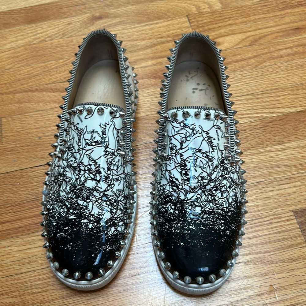 Christian Louboutin Pik Boat Degraloubi White Black Spike Flat Slip Sneakers.